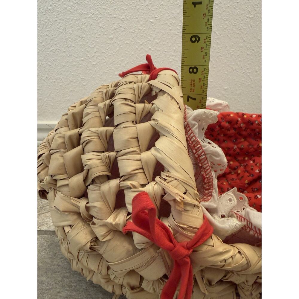 Wicker Doll Cradle Basket 16” Red Floral Liner Lace Baby Doll Bed Vintage Style - Picture 6 of 10